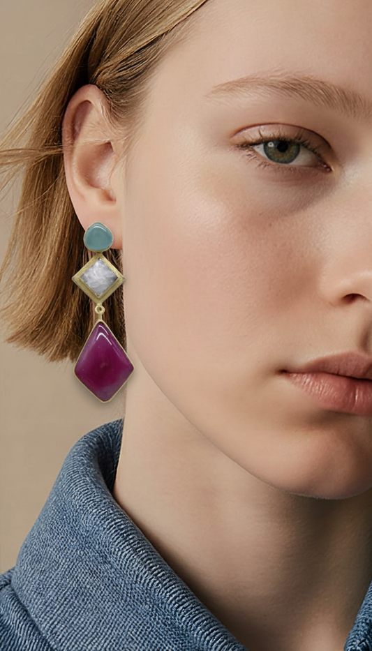 Empress Geometric Tiered Earrings – Seafoam, Marble Quartz, and Royal Magenta