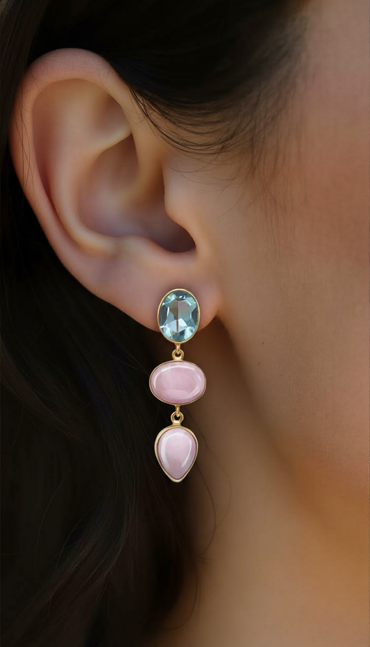 Sky & Blush Tiered Drop Earrings – Aquamarine and Rose Quartz Tones
