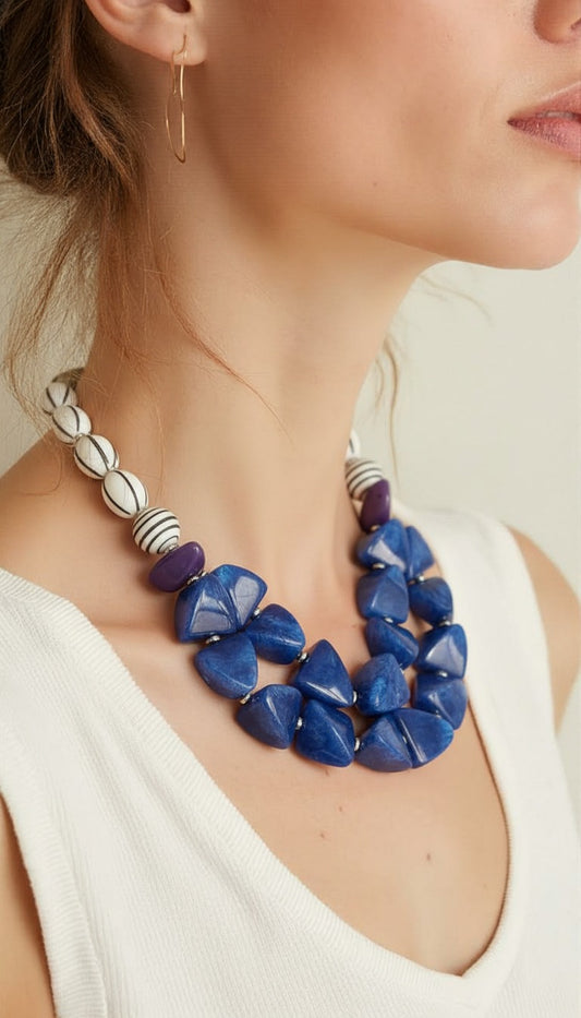 Bold Blue Geometric Resin Statement Necklace