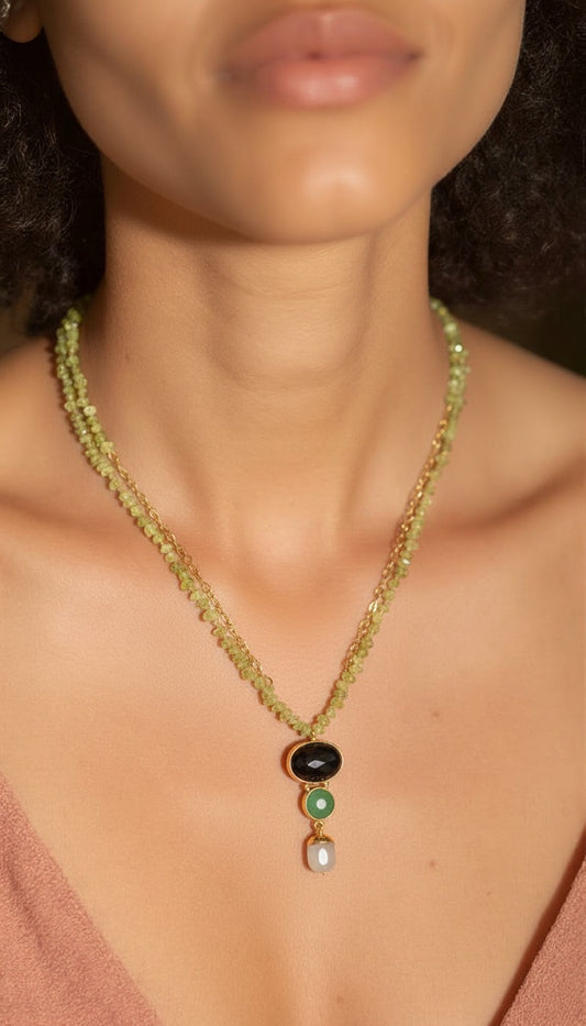 Triple Gem Drop Necklace in 18K Gold Plated Brass