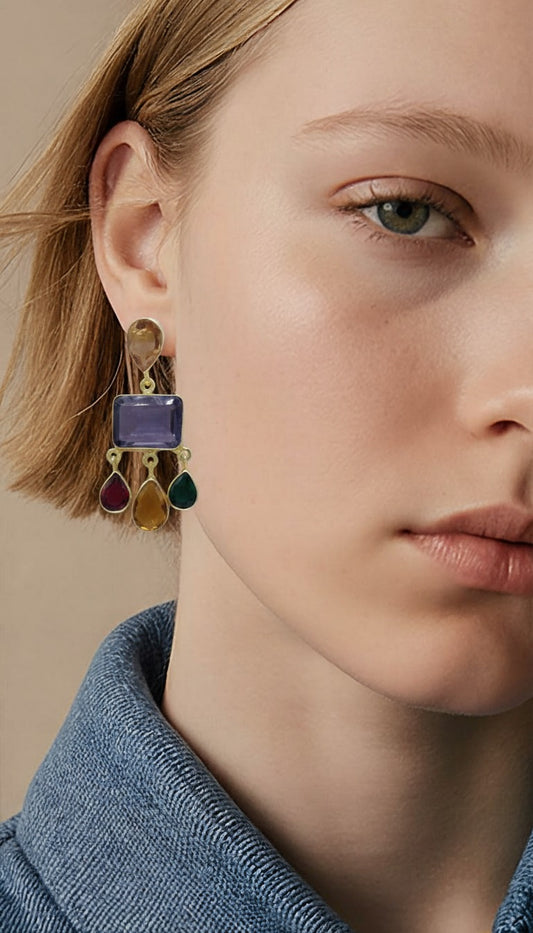 Multi-Gem Cascade Drop Earrings in 18K Gold Plated Brass