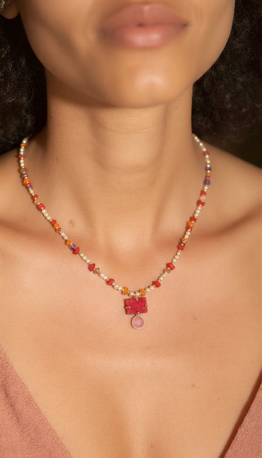 Druzy & Chalcedony Beaded Pearl Necklace with Gold Accents