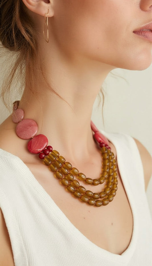 Harvest Sunset Triple-Strand Necklace – Polished Amber Resin and Crimson Jasper