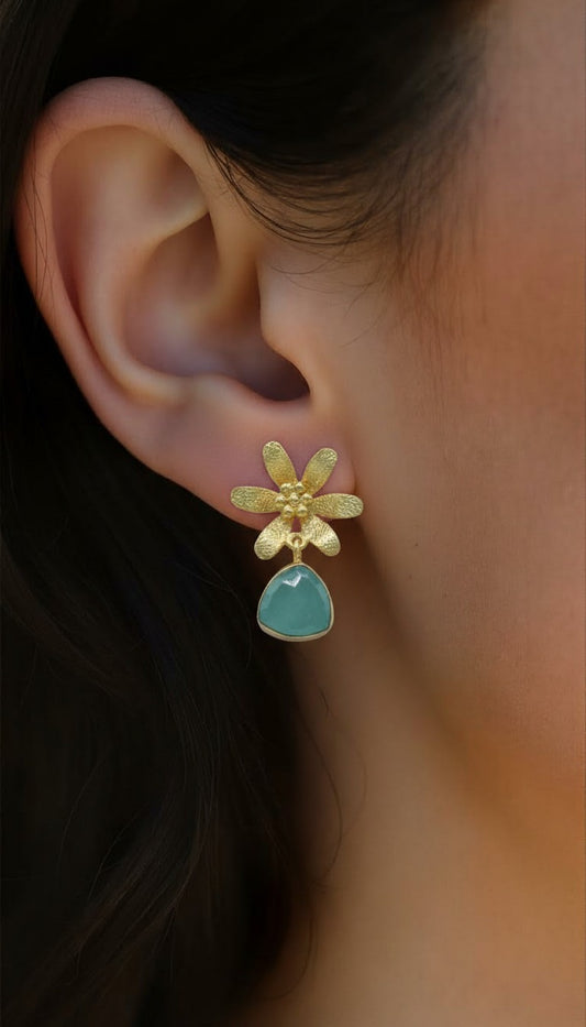 Florentine Gilded Flower Earrings with Aqua Chalcedony Drop