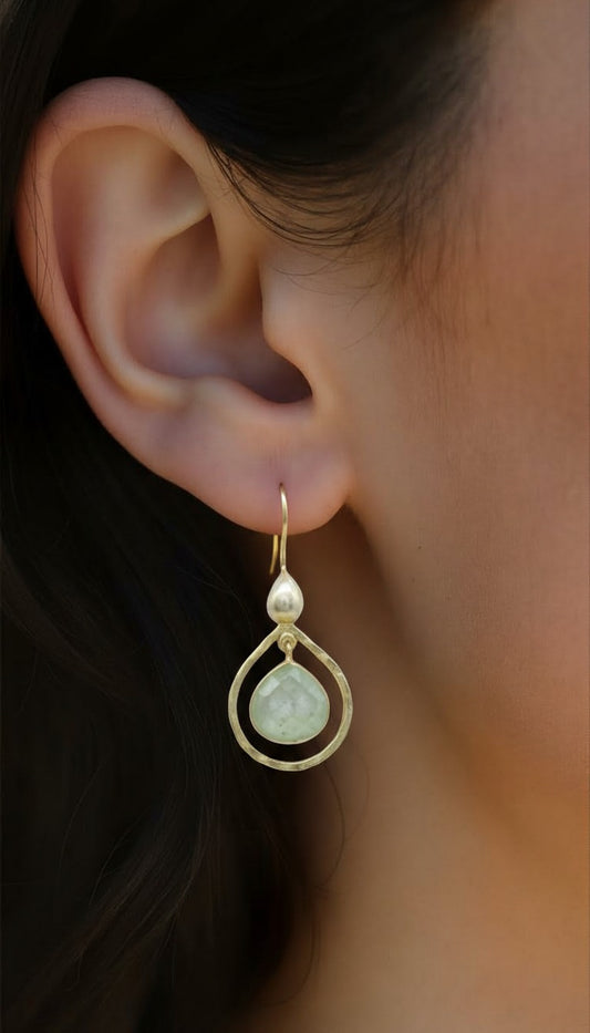 The Serene Teardrop | Sea-Foam Chalcedony & Hammered Gold Drop Earrings