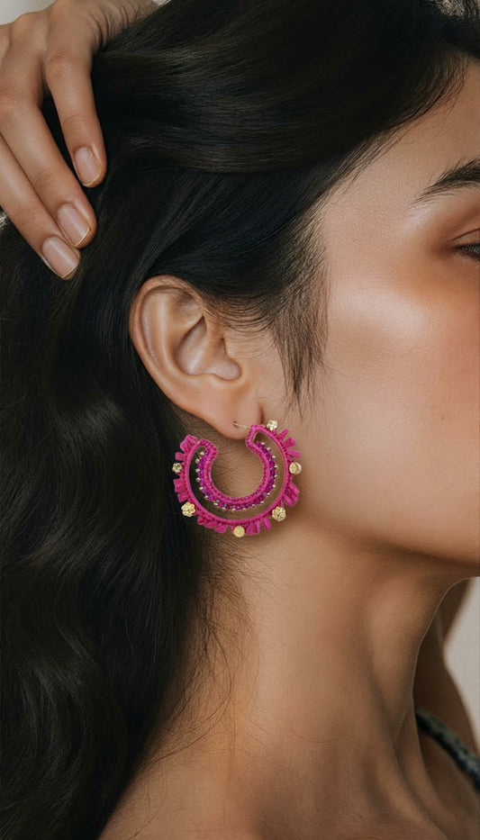 Zinnia Fuchsia Fringed Hoop Earrings