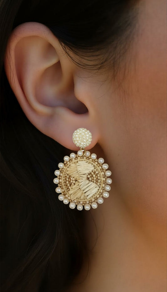 Pearl-Encrusted Raffia Medallion Earrings