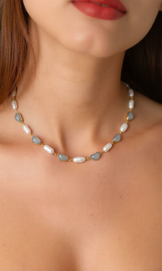 Ethereal Moss Green Amazonite & Baroque Pearl Necklace – Handcrafted 18K Gold Vermeil Bezel Link Strand
