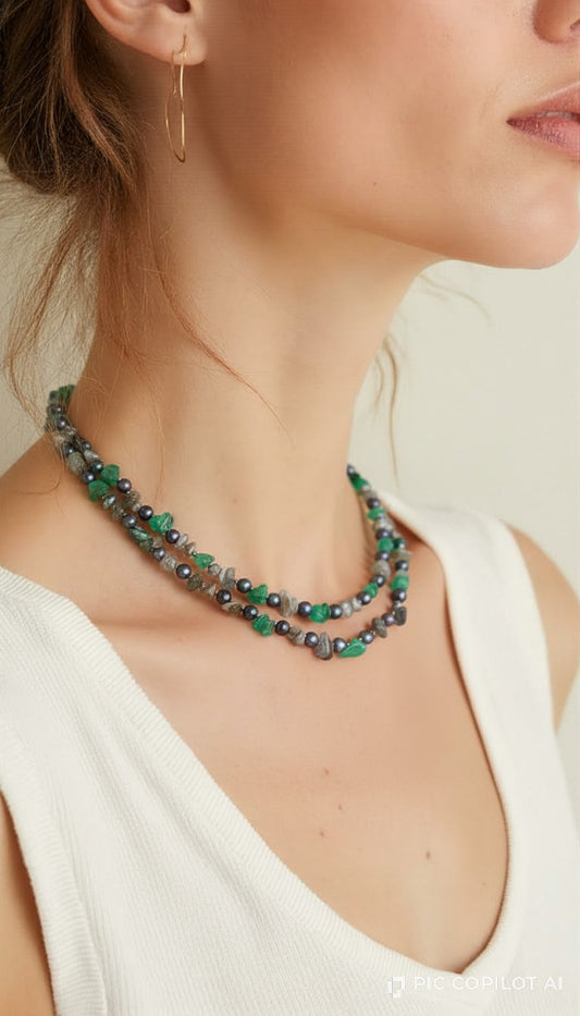 Mystic Double-Strand Gemstone Necklace – Raw Emerald-Green Amazonite, Grey Labradorite, and Midnight Tahitian-Style Pearls