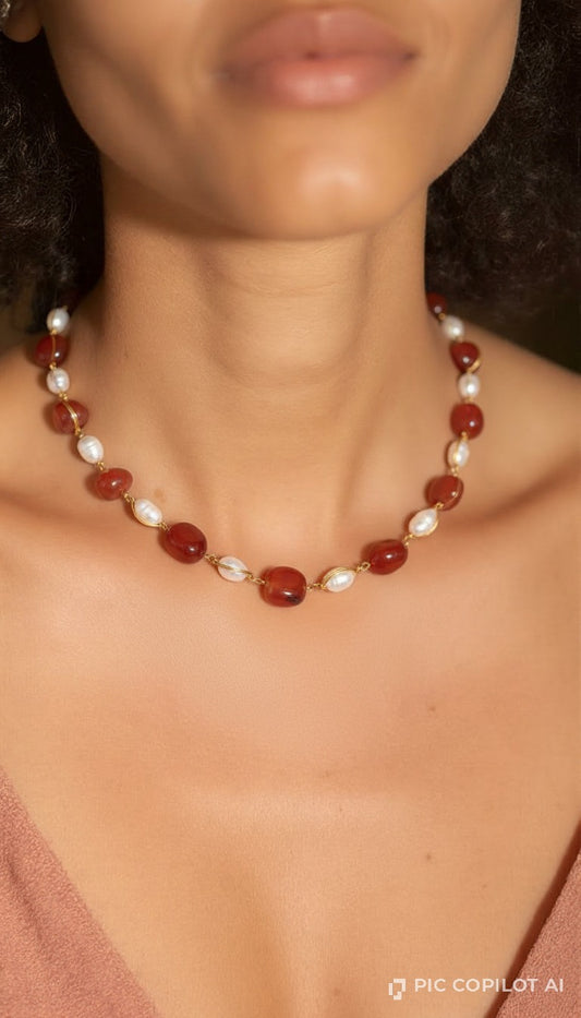 Vintage Glow Wire-Wrapped Necklace – Deep Red Carnelian Agate & Lustrous Freshwater Pearls in 18K Gold Finish