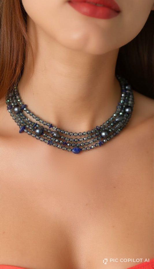Deep Sea Radiance | Multi-Strand Lapis & Peacock Pearl Necklace