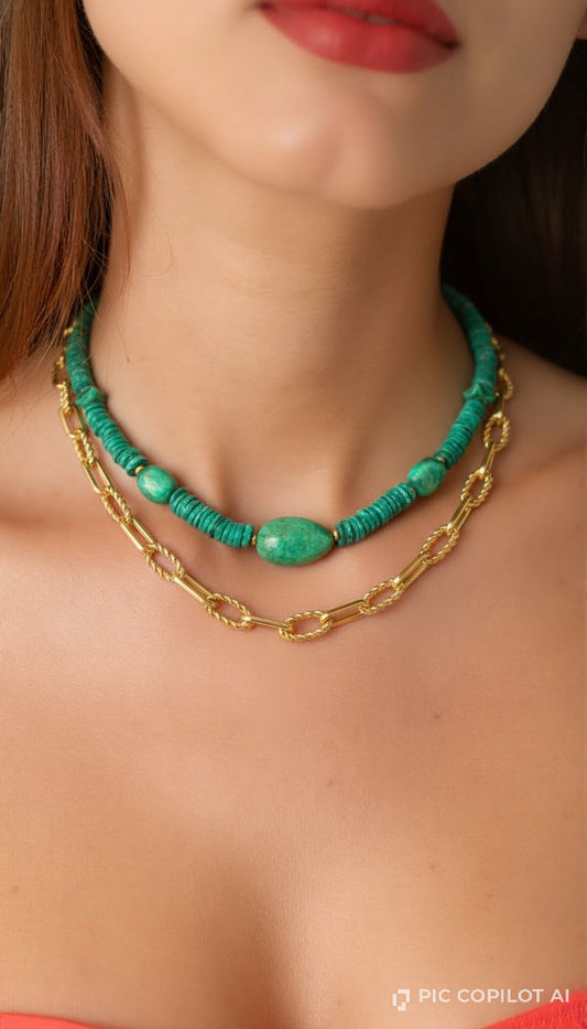 Esmeralda Layered Set: Turquoise Beaded Choker & Textured Gold Chain