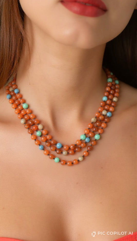 Three-Layer Bohemian Beaded Necklace – Orange Carnelian & Aqua Accent Beads