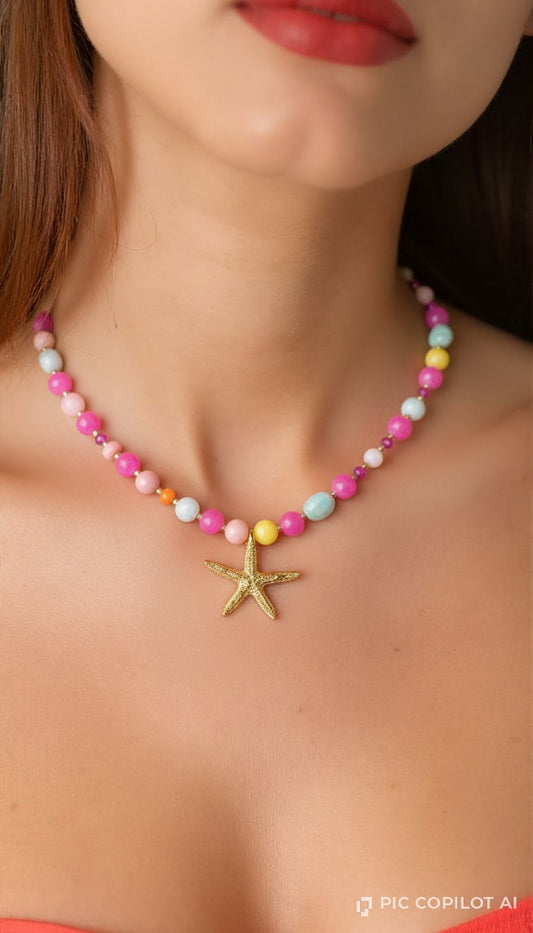 Mermaid Core Colorful Pastel Beaded Necklace with Gold Starfish Pendant