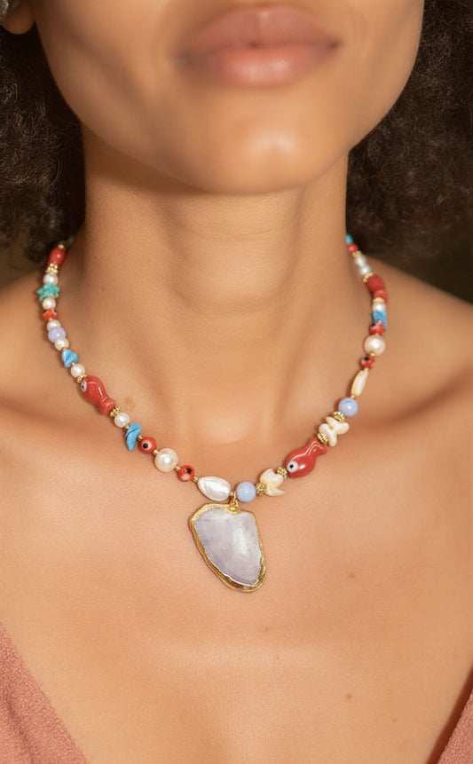 Ocean Bloom Multi-Stone Beaded Necklace with Natural Agate Pendant