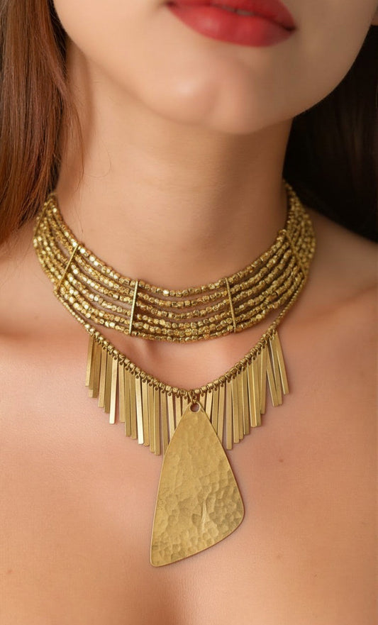 Aurora Hammered Pendant Collar Necklace in Antique Gold Finish