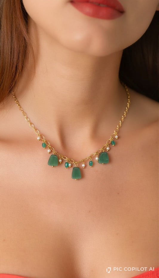 Emerald Cascade Charm Necklace – Handcrafted Gold-Tone Green Stone & Pearl Necklace