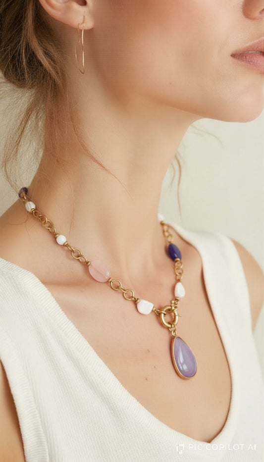 Lavender Bloom Gemstone Necklace – Handcrafted Gold-Tone Multi-Stone Pendant Necklace
