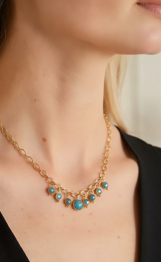Azure Halo Gemstone Necklace – Handcrafted Gold-Tone Blue Stone Statement Necklace