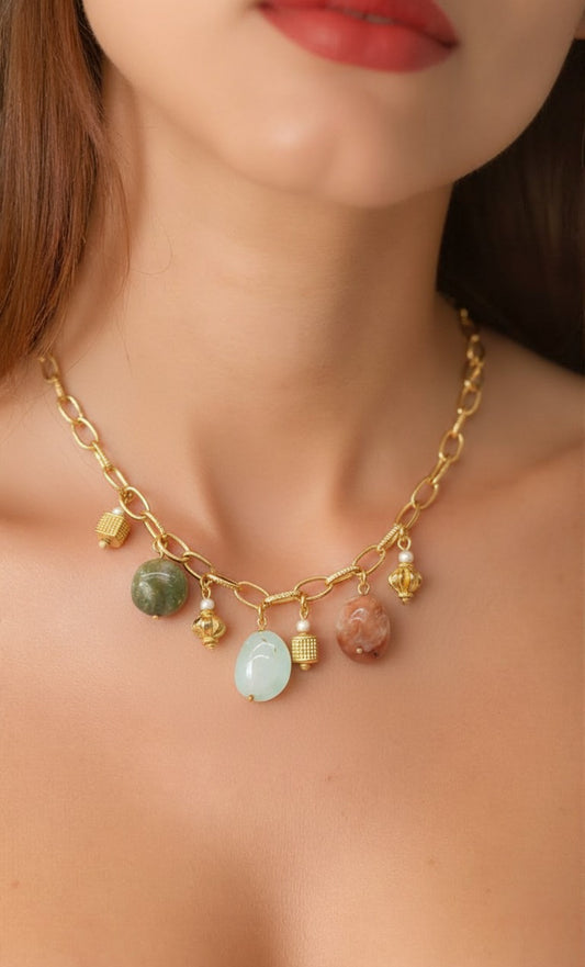 Aurora Gemstone Charm Necklace – Handcrafted Gold-Tone Statement Necklace