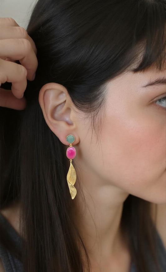 Mint & Magenta Gemstone Linear Drop Earrings in Brushed Gold