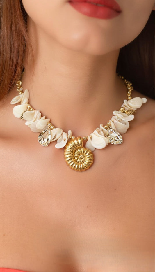 Gold Nautilus Ammonite Shell & Crystal Statement Choker