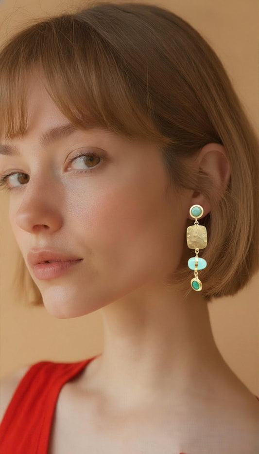 Artfully Sculpted Turquoise & Matte Gold Linear Earrings