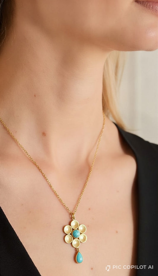 Gold Flower Pendant Necklace with Turquoise Accent