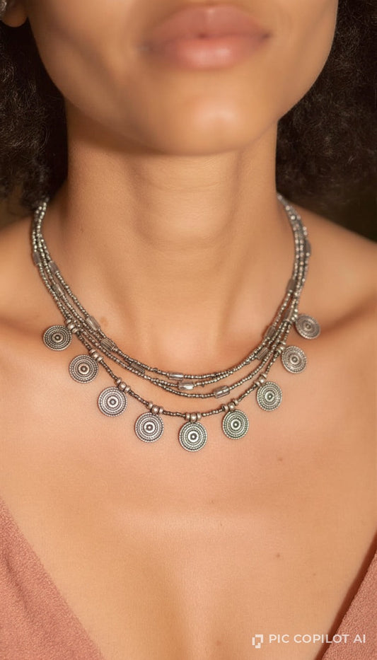 Antique Silver Multi-Strand Tribal Disc Pendant Statement Necklace