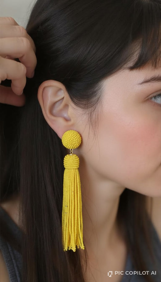 Sunshine Yellow Beaded Tassel Statement Earrings