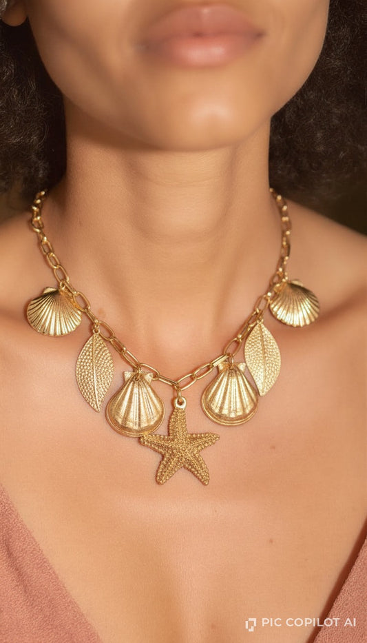 The Siren’s Treasure Gold-Tone Shell & Starfish Charm Collar Necklace