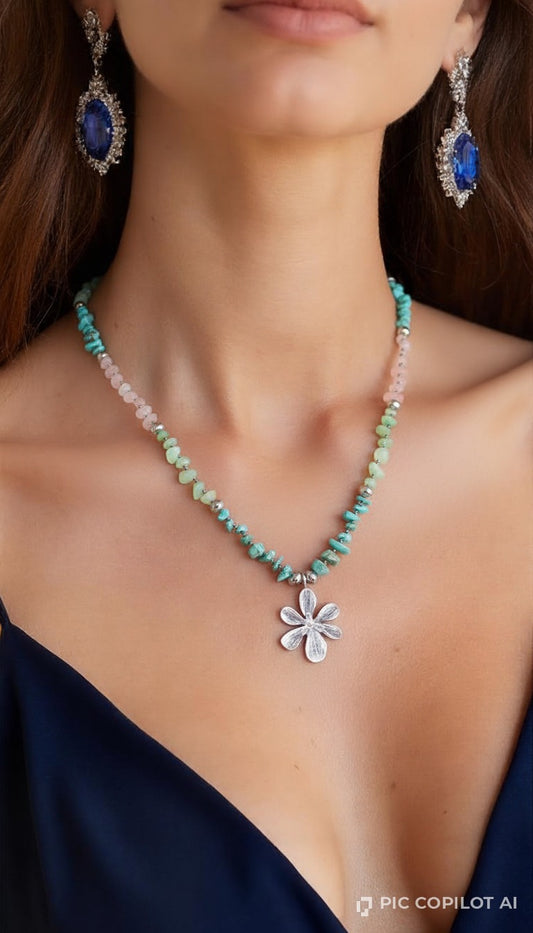 Silver Daisy Pendant & Pastel Turquoise Beaded Necklace