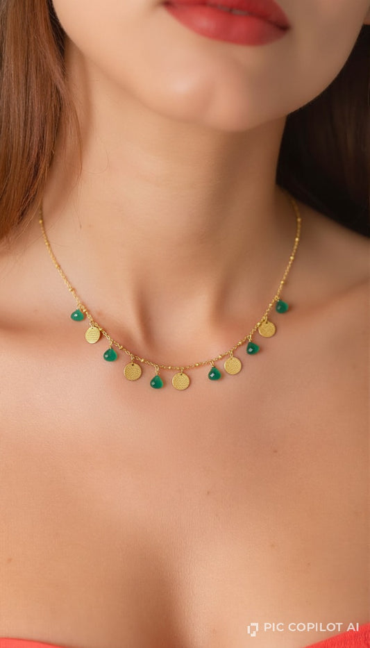 Gold Boho Green Onyx Teardrop & Coin Charm Station Necklace