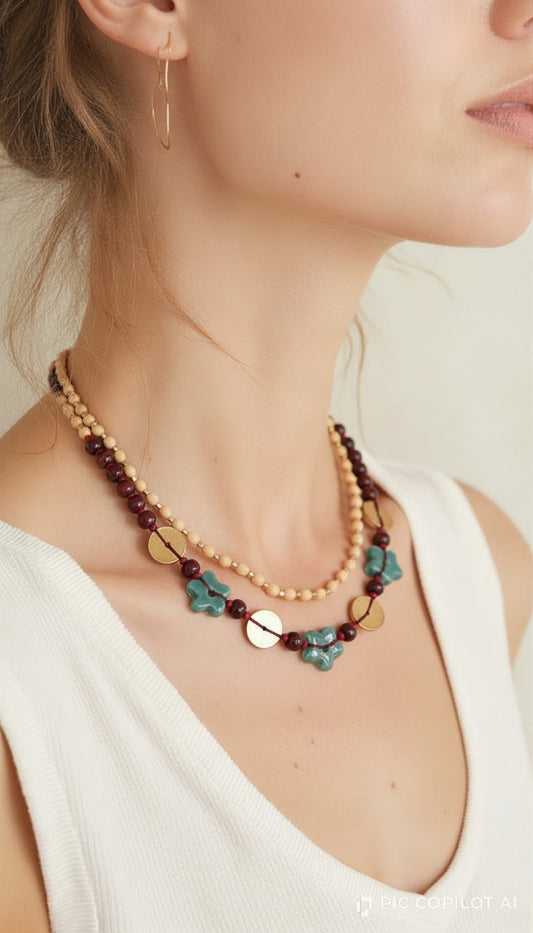 Handcrafted Boho Double-Layered Bead & Floral Charm Necklace