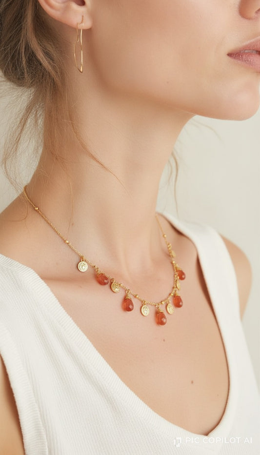 Gold Boho Carnelian Drop & Disc Station Necklace
