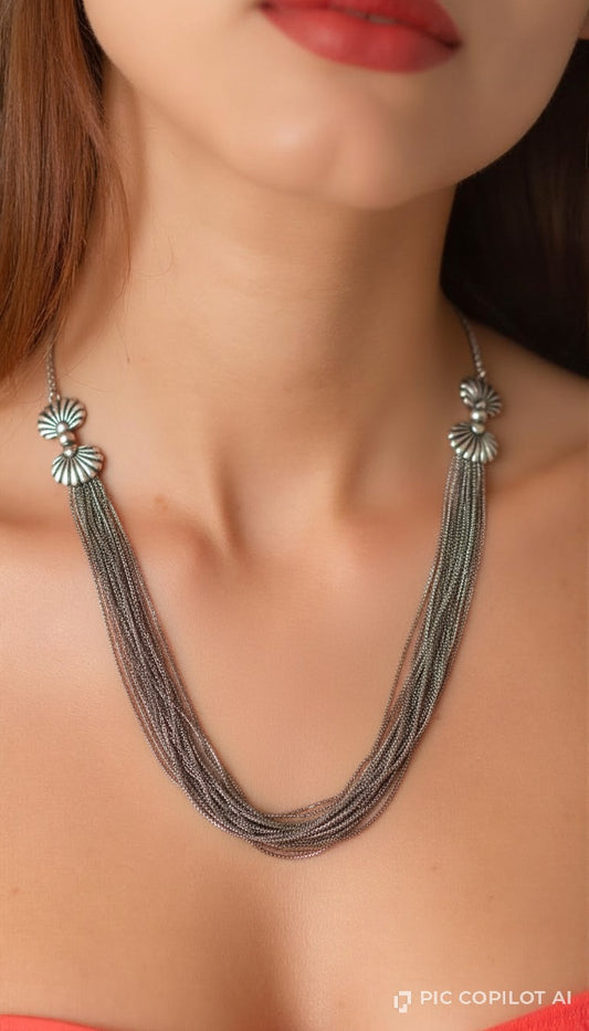 Tribal Chic Oxidized Silver Waterfall Chain Statement Necklace