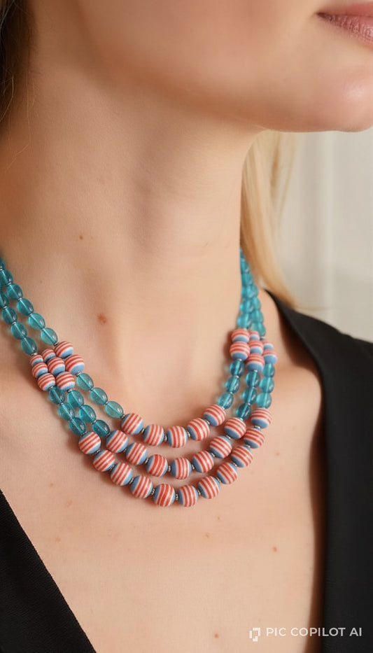 Coastal Chic 3-Tier Coral Striped & Teal Crystal Necklace