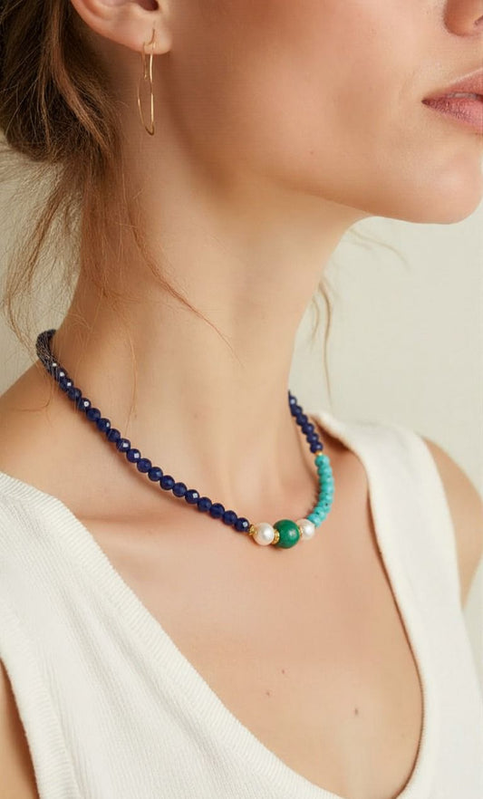 Artisanal Multi-Gemstone Beaded Necklace – Deep Navy Lapis, Vibrant Turquoise-Blue Amazonite, and Lustrous Freshwater Pearls with Gold Accents