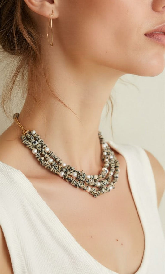 Dalmatian Stone & Pearl Multi-Layer Statement Necklace