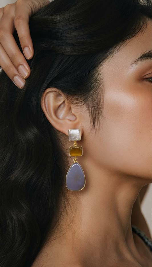 Ember & Mist Tiered Drop Earrings – Moonstone, Citrine, and Lavender Chalcedony