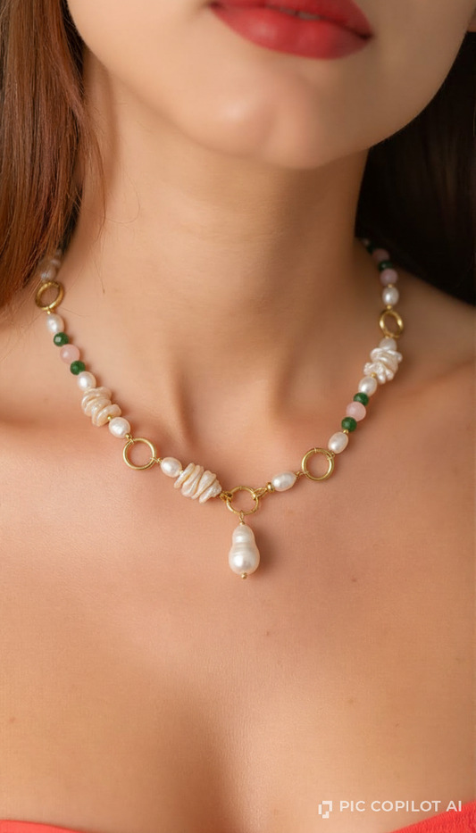 Baroque Pearls, Rose Quartz, and Emerald Tones with Textured Gold Linkage