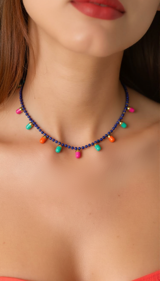 Vivid Horizon Beaded Choker – Lapis Blue with Multi-Color Capsule Charms