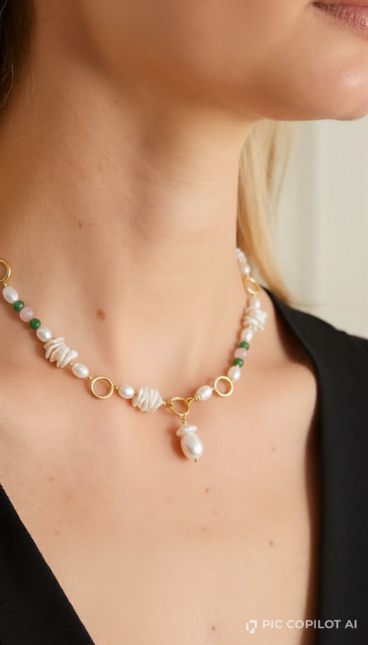 Baroque Pearls, Rose Quartz, and Emerald Tones with Textured Gold Linkage
