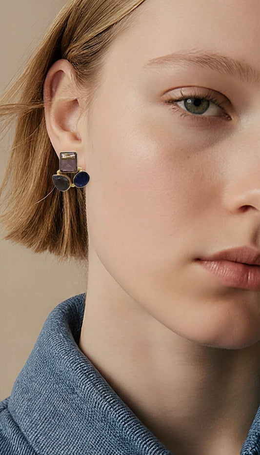 Trinity Gemstone Stud Earrings – 18K Gold Plated