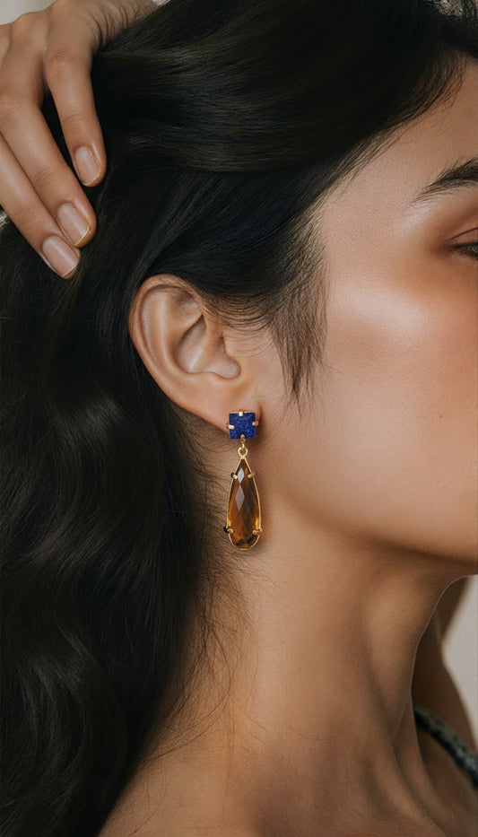 Lapis Lazuli & Citrine Drop Earring in 18K Gold Plated