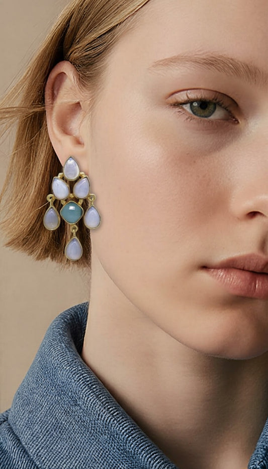 Elegant Moonstone & Aqua Chalcedony Statement Earring in 18K Gold Plated