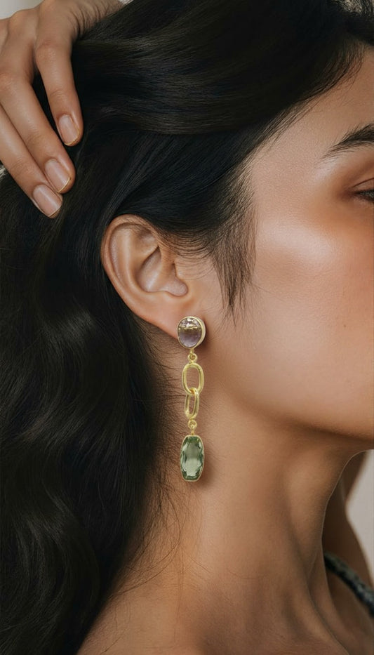 Verdant Link Statement Earrings – Amethyst & Green Quartz Drop