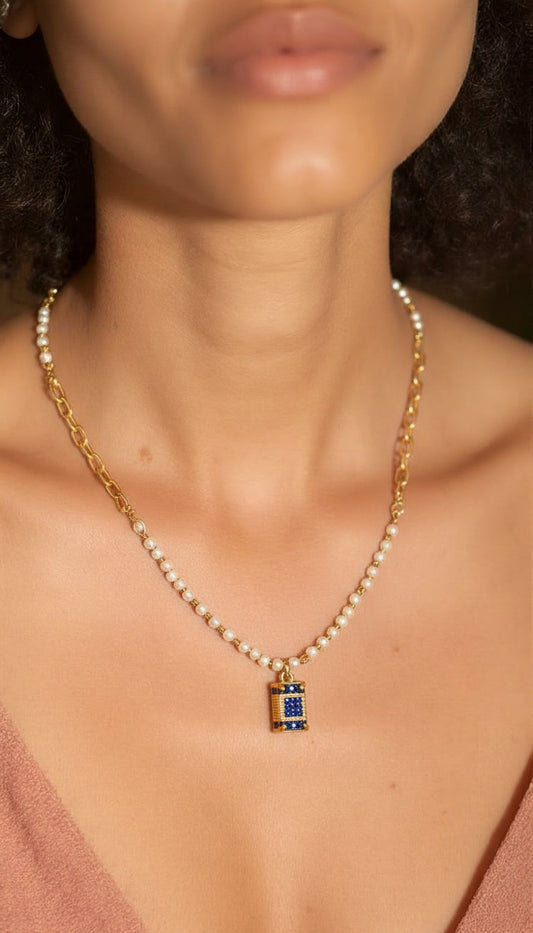 Pearl Chain Blue Pavé Pendant Necklace