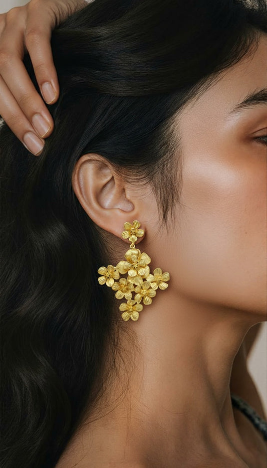 Golden Bloom Floral Chandelier Earrings – Brass with 18K Gold Plating