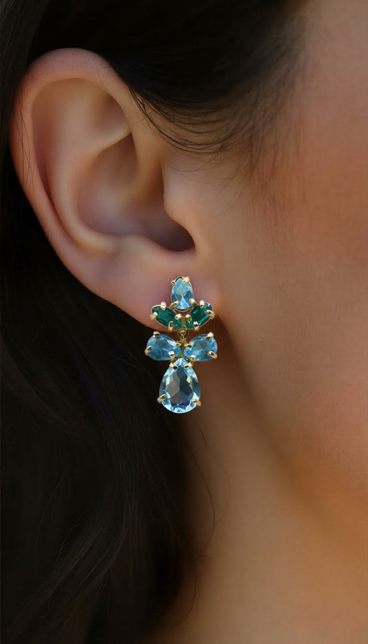 Lumina Triple-Stone Drop Earrings – Pearl, Blue Topaz, and Green Amethyst